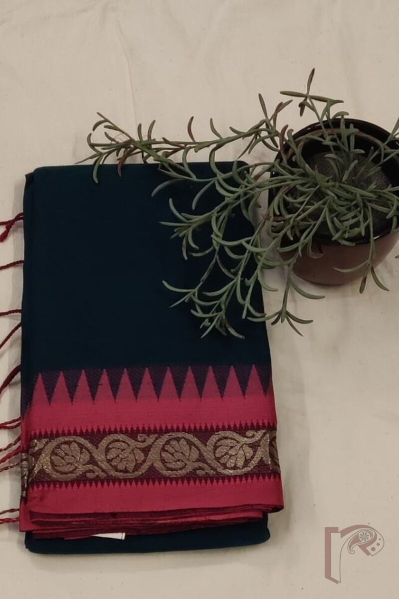 Cotton Chronicles: Dark Green Mercerized Cotton Saree with Maroon Border, Purple-Gold Striped Pallu and Pink Temple Accent - Image 2