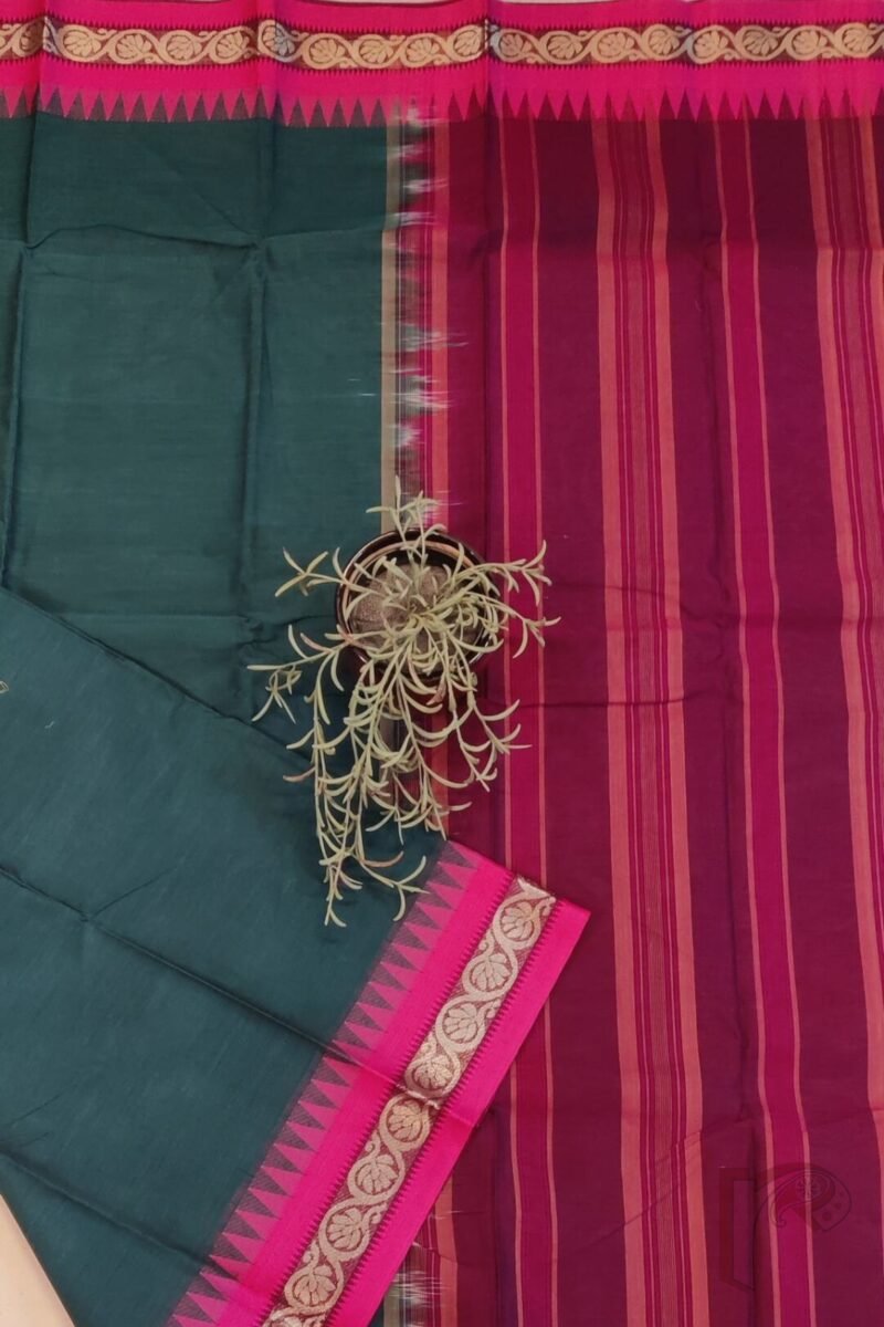 Cotton Chronicles: Dark Green Mercerized Cotton Saree with Maroon Border, Purple-Gold Striped Pallu and Pink Temple Accent - Image 3