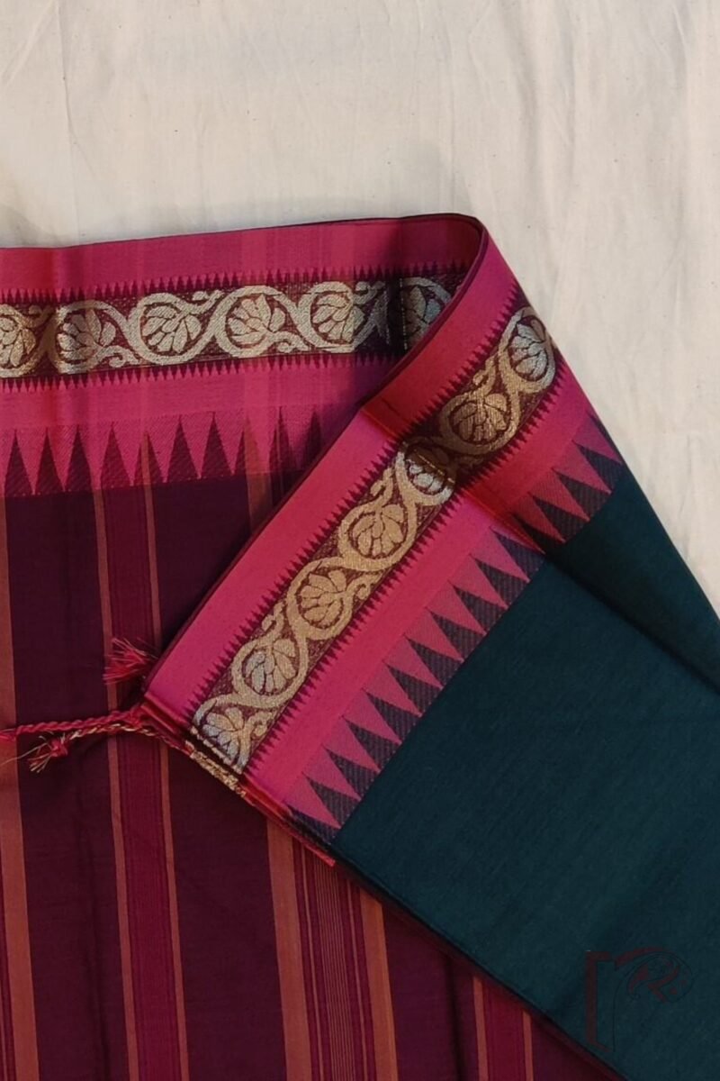 Cotton Chronicles: Dark Green Mercerized Cotton Saree with Maroon Border, Purple-Gold Striped Pallu and Pink Temple Accent - Image 4