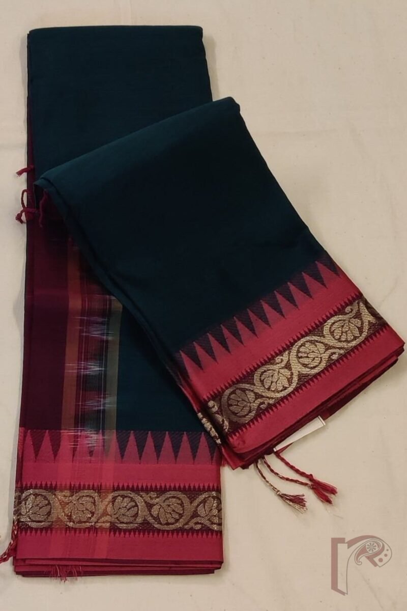 Cotton Chronicles: Dark Green Mercerized Cotton Saree with Maroon Border, Purple-Gold Striped Pallu and Pink Temple Accent - Image 5