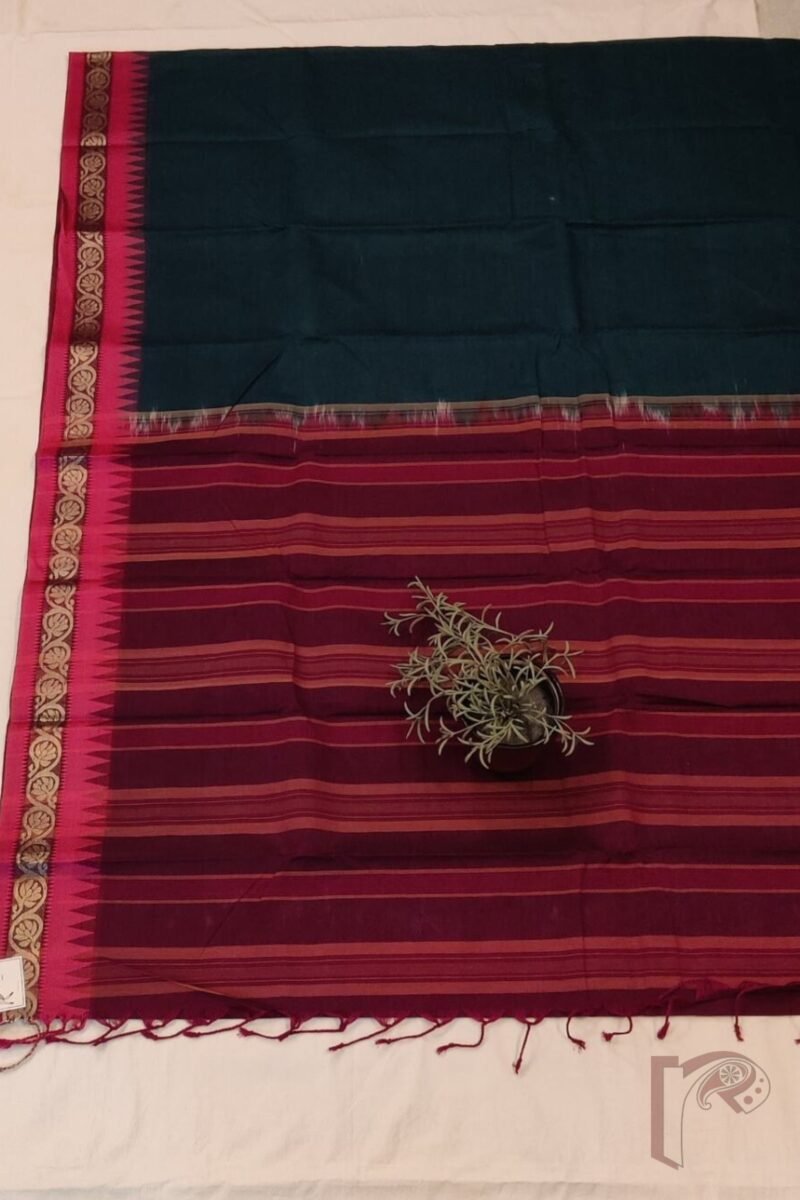 Cotton Chronicles: Dark Green Mercerized Cotton Saree with Maroon Border, Purple-Gold Striped Pallu and Pink Temple Accent - Image 6
