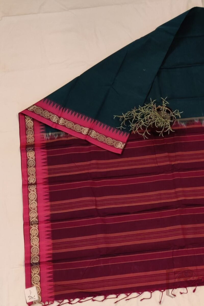 Cotton Chronicles: Dark Green Mercerized Cotton Saree with Maroon Border, Purple-Gold Striped Pallu and Pink Temple Accent - Image 7