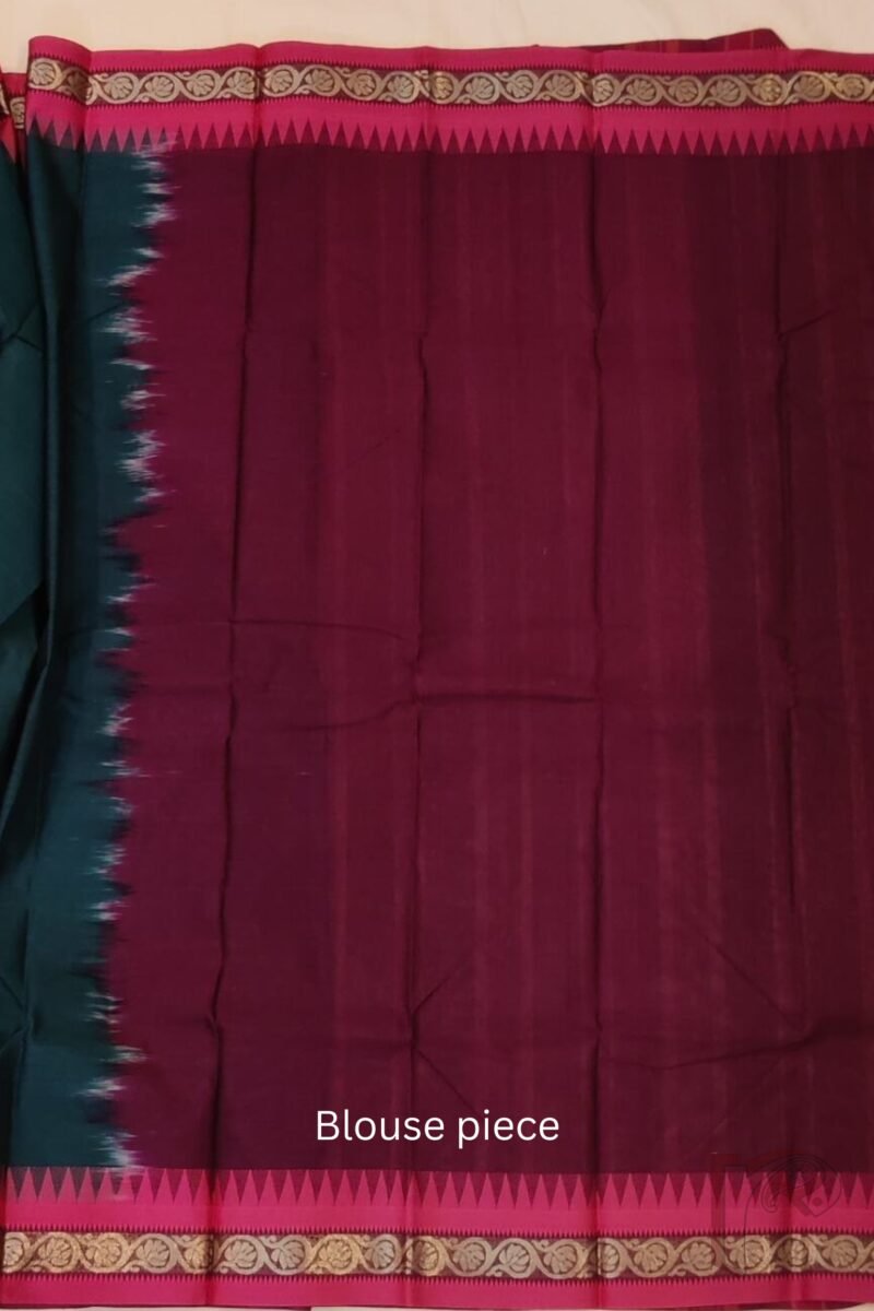 Cotton Chronicles: Dark Green Mercerized Cotton Saree with Maroon Border, Purple-Gold Striped Pallu and Pink Temple Accent - Image 8