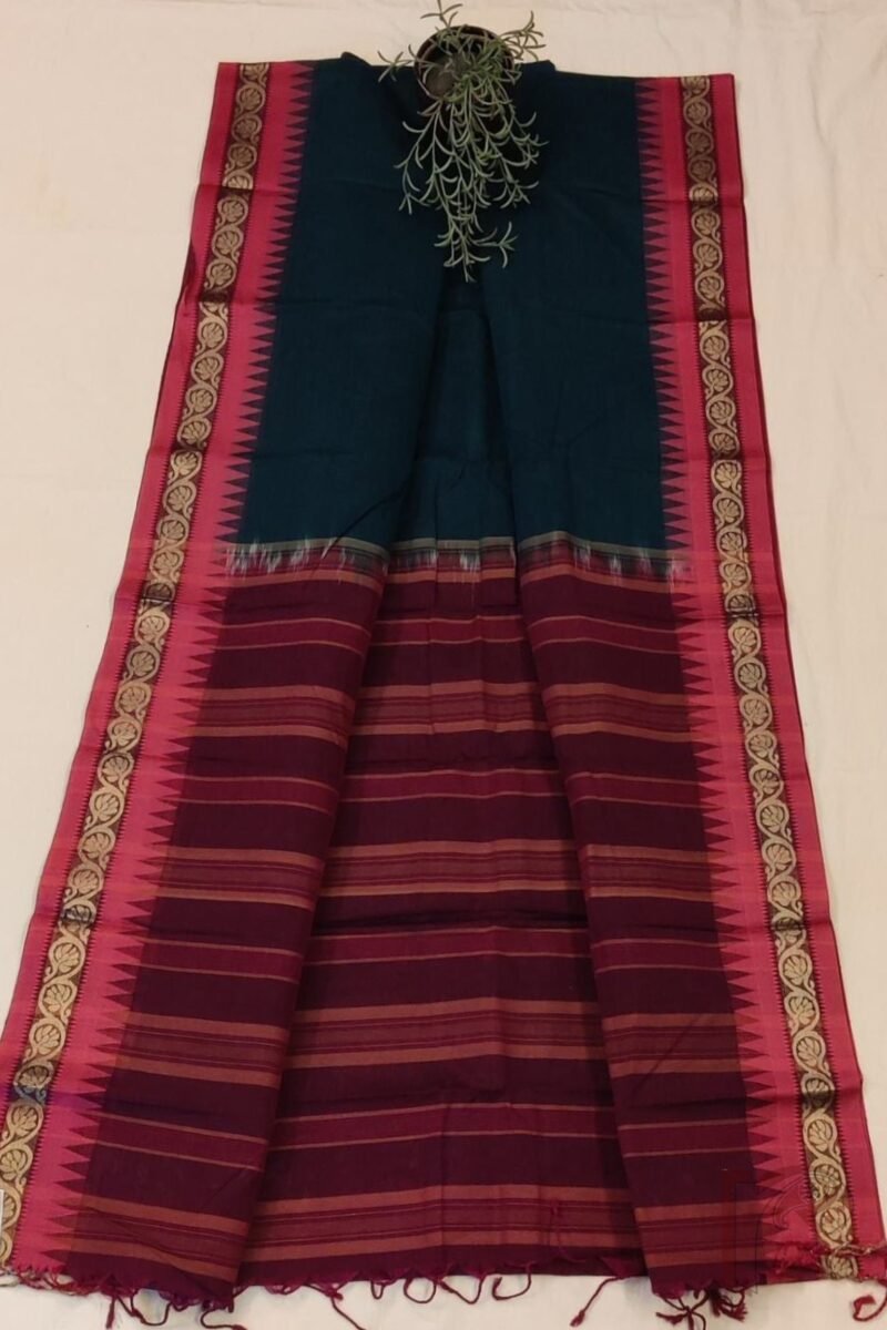 Cotton Chronicles: Dark Green Mercerized Cotton Saree with Maroon Border, Purple-Gold Striped Pallu and Pink Temple Accent