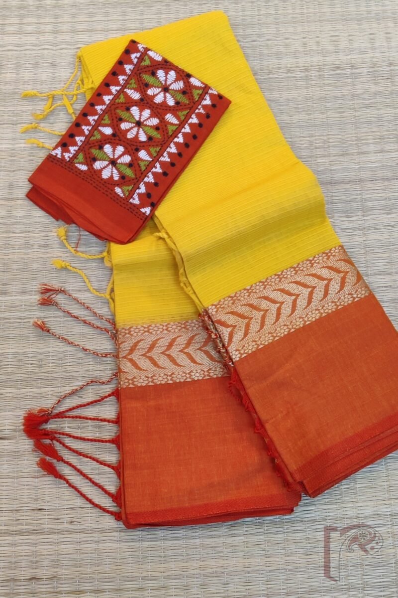 Cotton Chronicles: Mango Yellow and Red Broad-Border Mercerized Cotton Saree - Image 2
