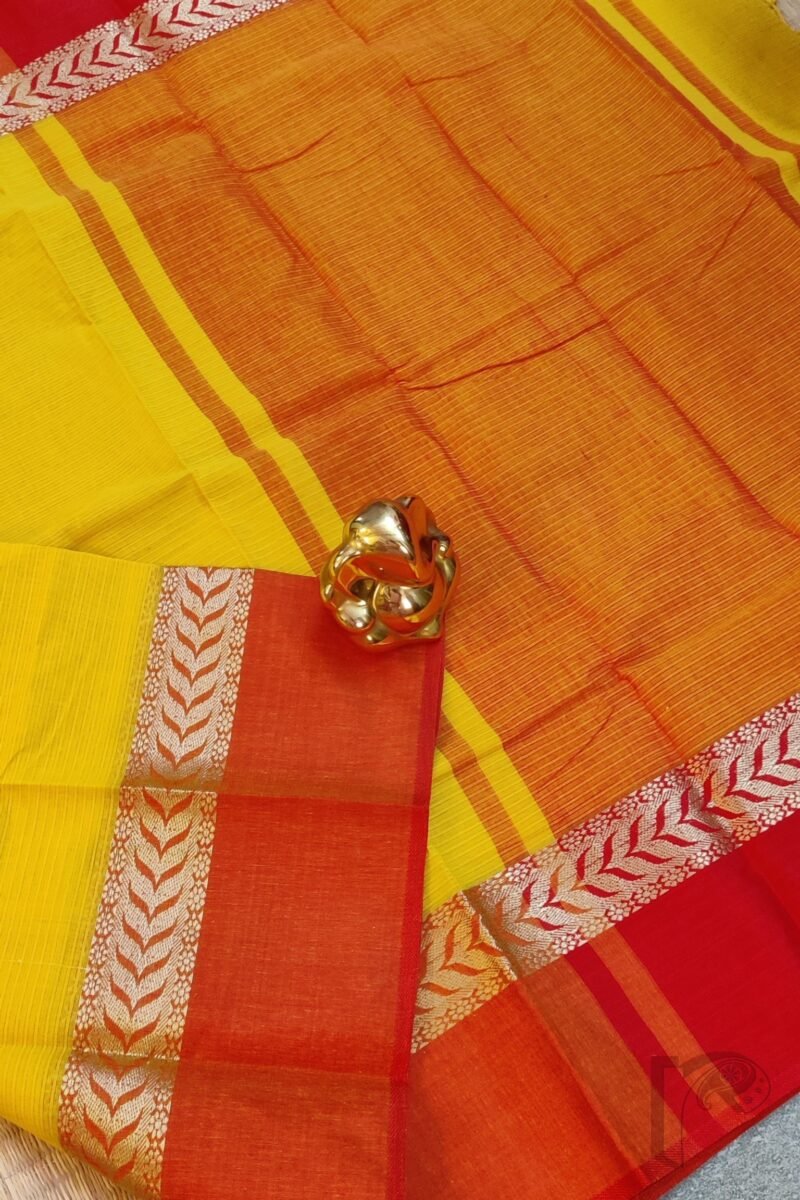 Cotton Chronicles: Mango Yellow and Red Broad-Border Mercerized Cotton Saree - Image 3