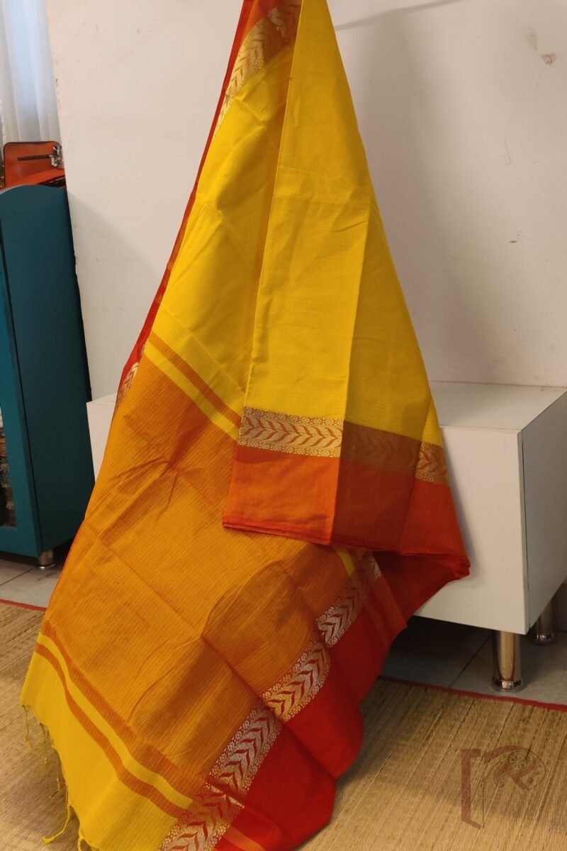 Cotton Chronicles: Mango Yellow and Red Broad-Border Mercerized Cotton Saree - Image 4
