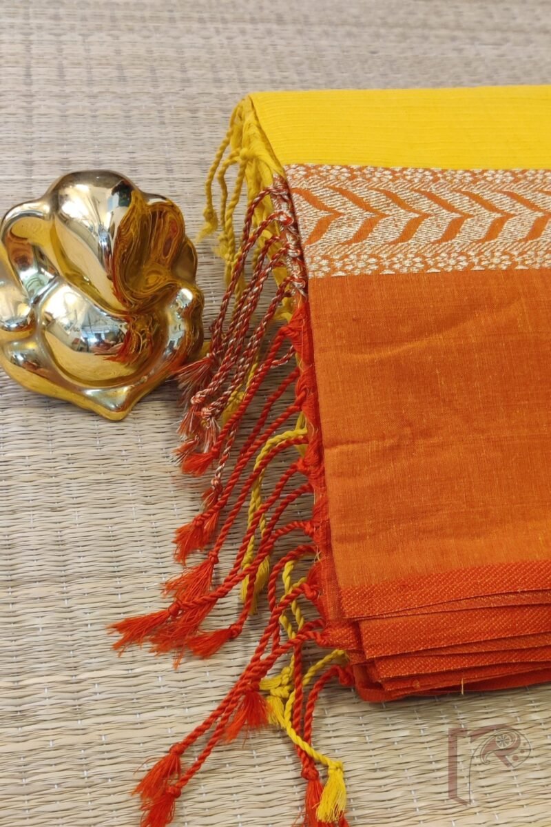 Cotton Chronicles: Mango Yellow and Red Broad-Border Mercerized Cotton Saree - Image 5