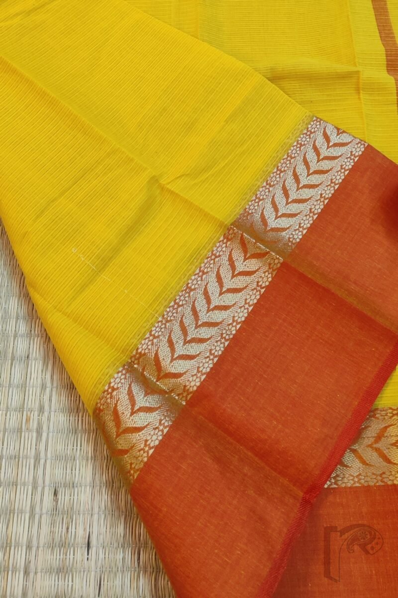Cotton Chronicles: Mango Yellow and Red Broad-Border Mercerized Cotton Saree - Image 6