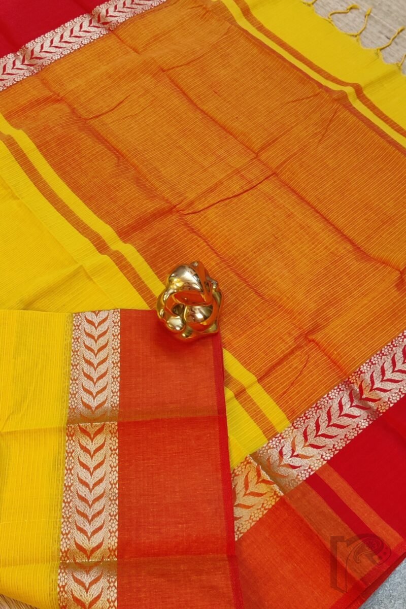 Cotton Chronicles: Mango Yellow and Red Broad-Border Mercerized Cotton Saree - Image 7