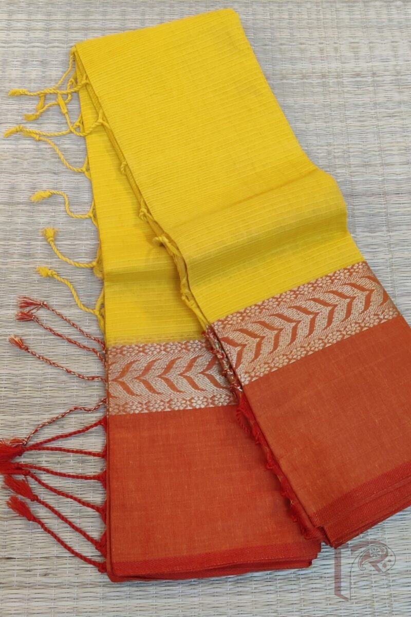 Cotton Chronicles: Mango Yellow and Red Broad-Border Mercerized Cotton Saree - Image 8