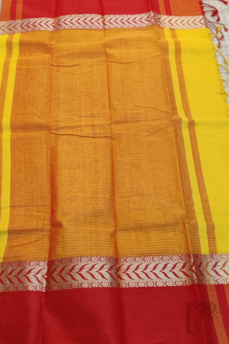 Cotton Chronicles: Mango Yellow and Red Broad-Border Mercerized Cotton Saree - Image 9