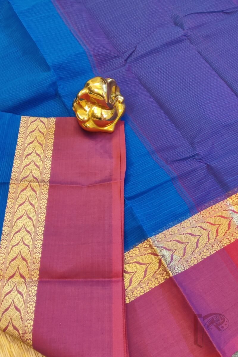 Cotton Chronicles: Cobalt-Blue and Pink Broad-Border Mercerized Cotton Saree - Image 6