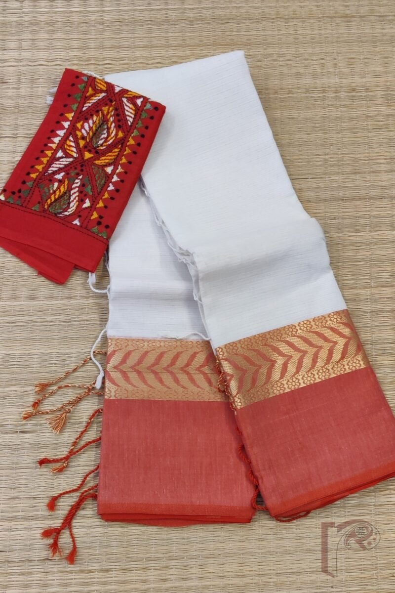 Cotton Chronicles: Off-White with Red-Gold Broad Border Mercerized Cotton Saree - Image 2