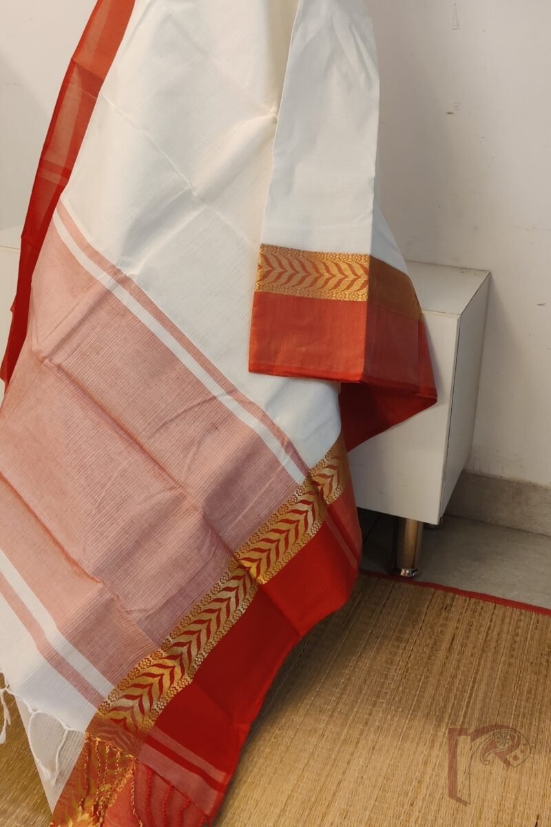 Cotton Chronicles: Off-White with Red-Gold Broad Border Mercerized Cotton Saree - Image 3