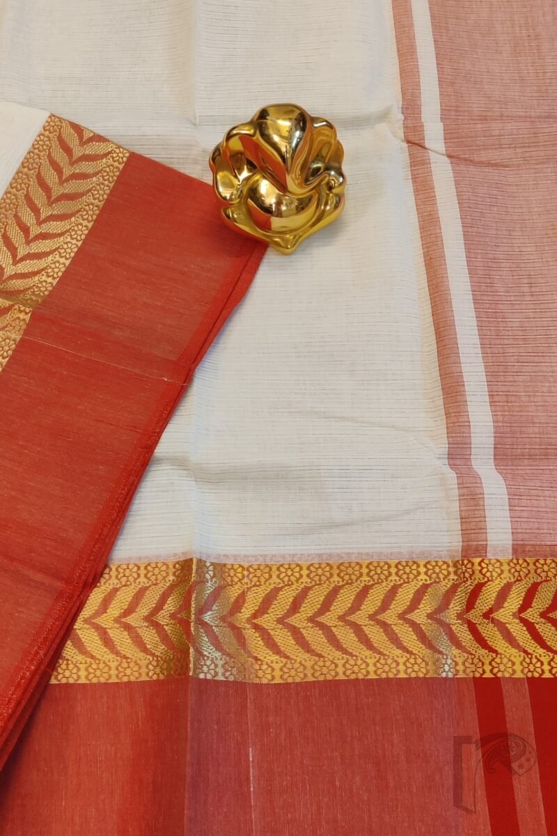 Cotton Chronicles: Off-White with Red-Gold Broad Border Mercerized Cotton Saree - Image 4