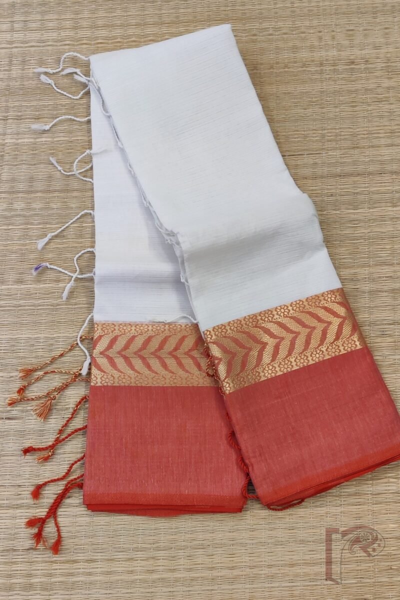 Cotton Chronicles: Off-White with Red-Gold Broad Border Mercerized Cotton Saree - Image 7