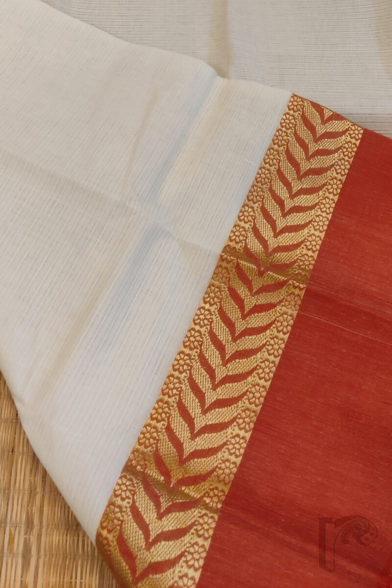 Cotton Chronicles: Off-White with Red-Gold Broad Border Mercerized Cotton Saree - Image 8