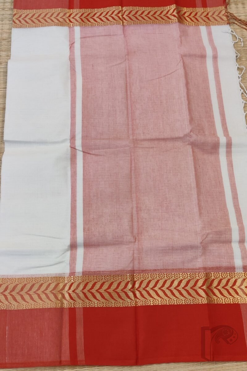 Cotton Chronicles: Off-White with Red-Gold Broad Border Mercerized Cotton Saree - Image 9