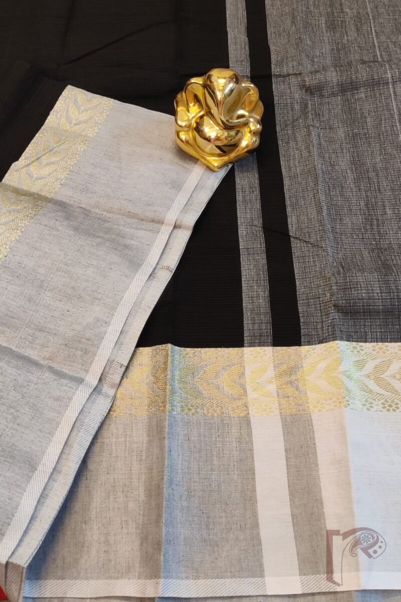 Cotton Chronicles: Black with Grey and Gold Broad Border and Dual-Tone Pallu Mercerized Cotton Saree - Image 8