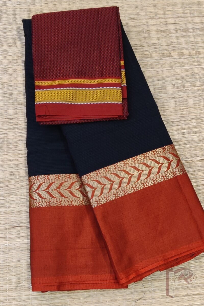 Cotton Chronicles: Black with Bright Red and Gold Broad Border and Dual-Tone Red-Black Pallu Mercerized Cotton Saree - Image 2