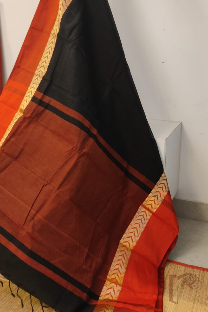 Cotton Chronicles: Black with Bright Red and Gold Broad Border and Dual-Tone Red-Black Pallu Mercerized Cotton Saree - Image 3