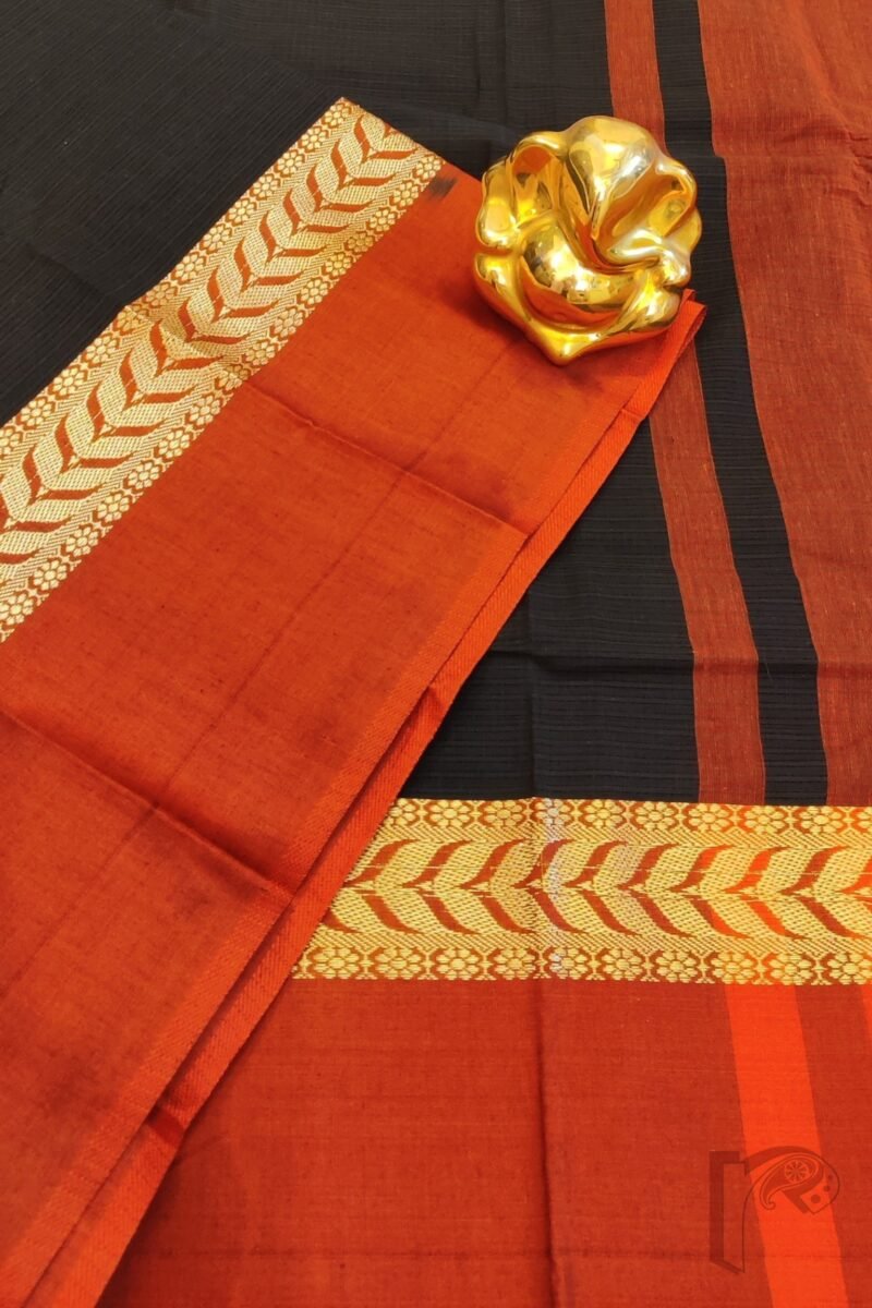Cotton Chronicles: Black with Bright Red and Gold Broad Border and Dual-Tone Red-Black Pallu Mercerized Cotton Saree - Image 4