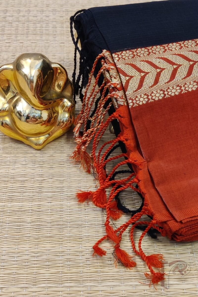 Cotton Chronicles: Black with Bright Red and Gold Broad Border and Dual-Tone Red-Black Pallu Mercerized Cotton Saree - Image 5