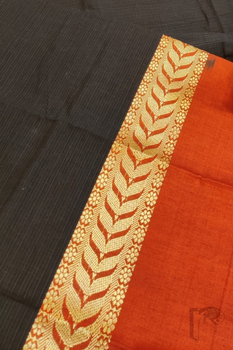 Cotton Chronicles: Black with Bright Red and Gold Broad Border and Dual-Tone Red-Black Pallu Mercerized Cotton Saree - Image 6