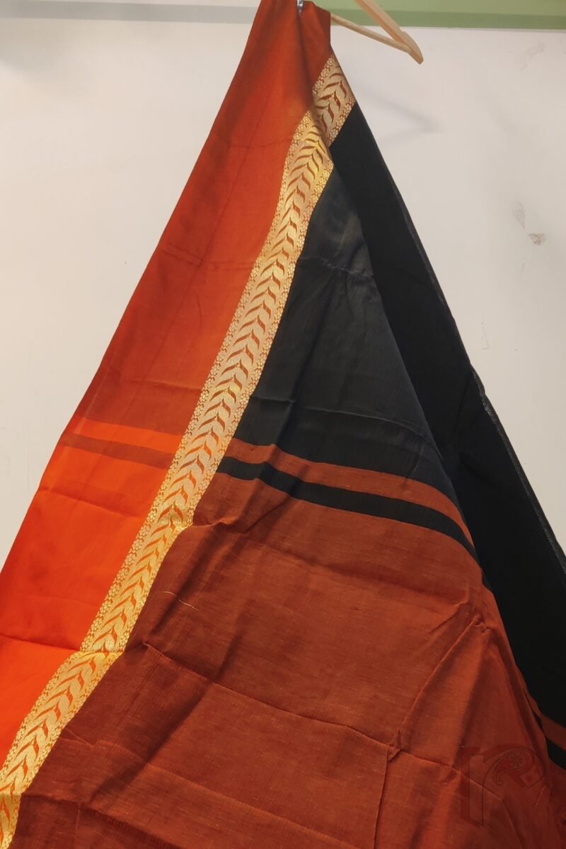 Cotton Chronicles: Black with Bright Red and Gold Broad Border and Dual-Tone Red-Black Pallu Mercerized Cotton Saree - Image 8
