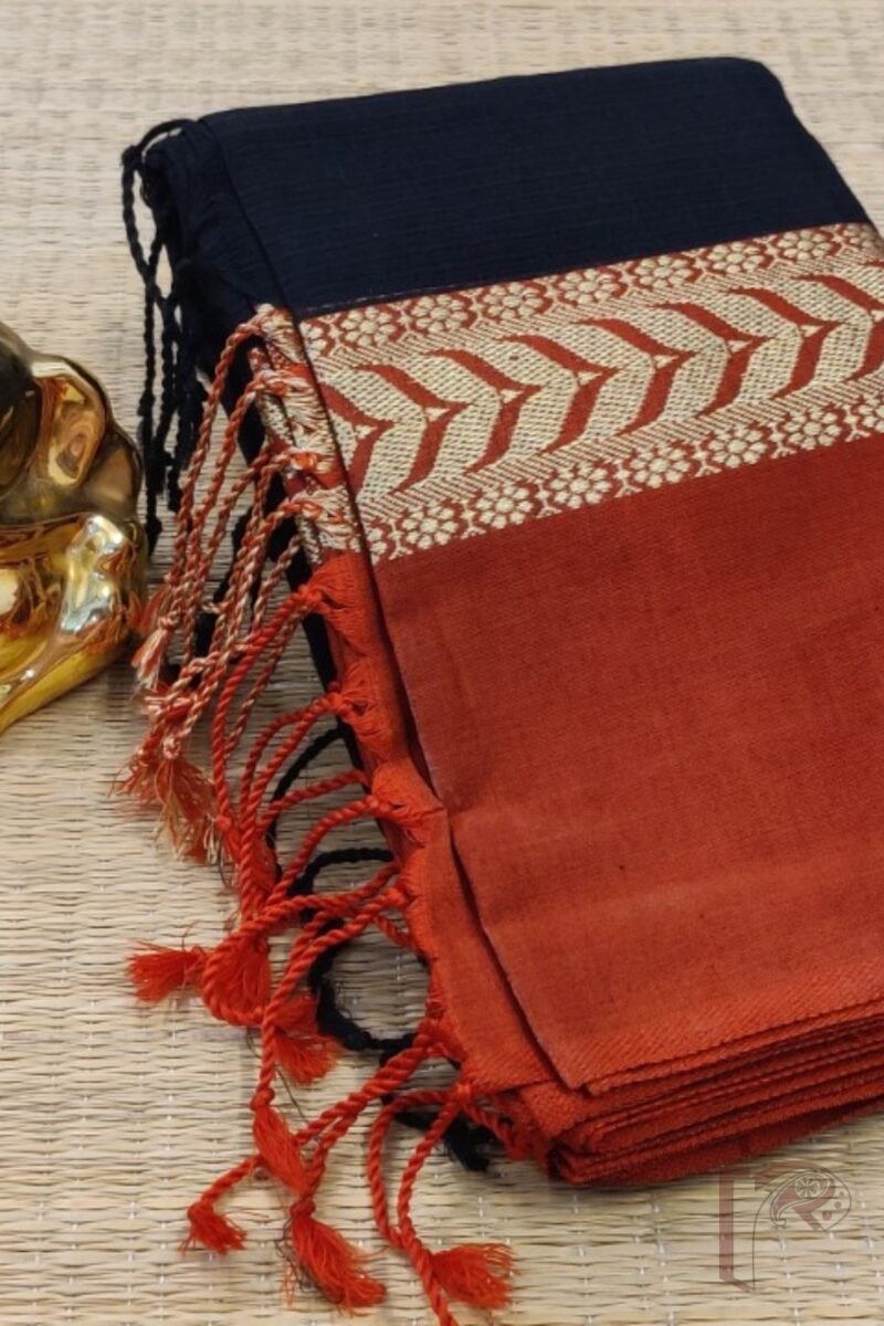 Cotton Chronicles: Black with Bright Red and Gold Broad Border and Dual-Tone Red-Black Pallu Mercerized Cotton Saree