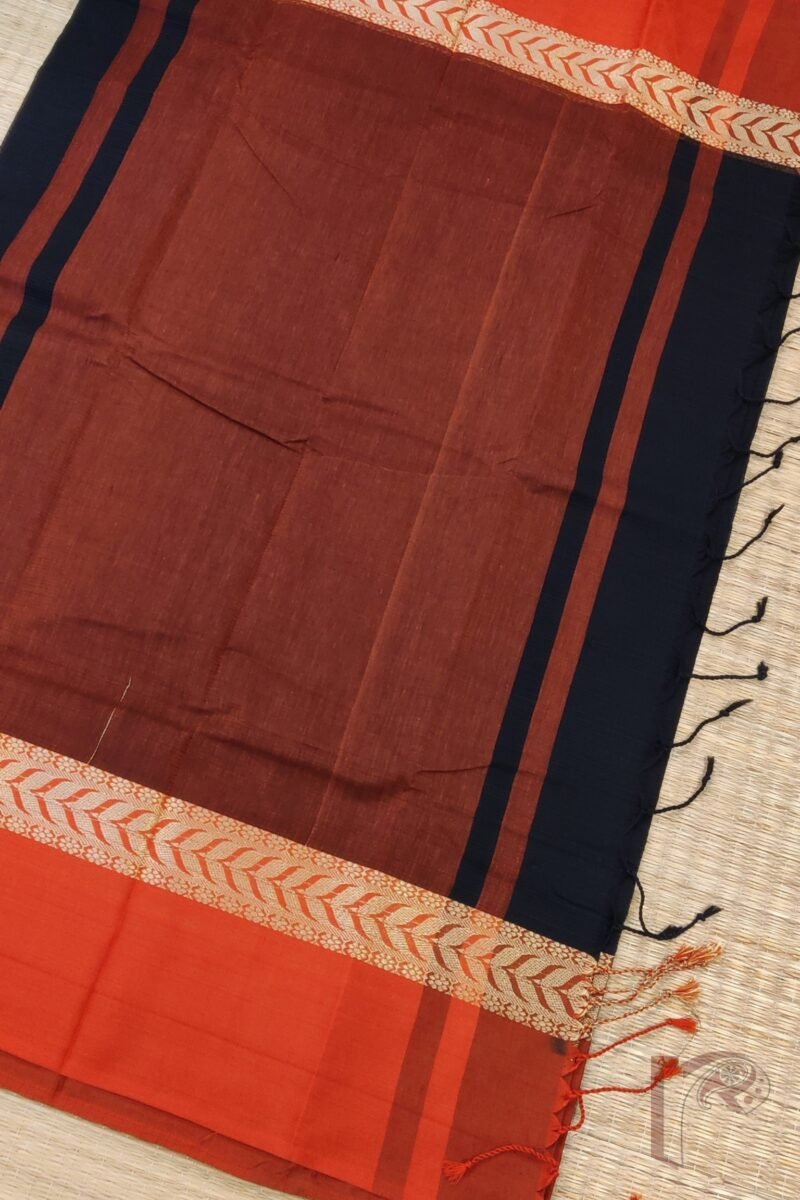 Cotton Chronicles: Black with Bright Red and Gold Broad Border and Dual-Tone Red-Black Pallu Mercerized Cotton Saree - Image 9