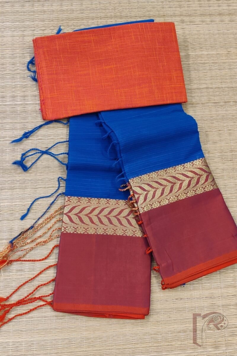 Cotton Chronicles: Cobalt Blue Mercerized Cotton Saree with Dull Red and Gold Broad Border and Shaded Red-Blue Pallu Saree - Image 2
