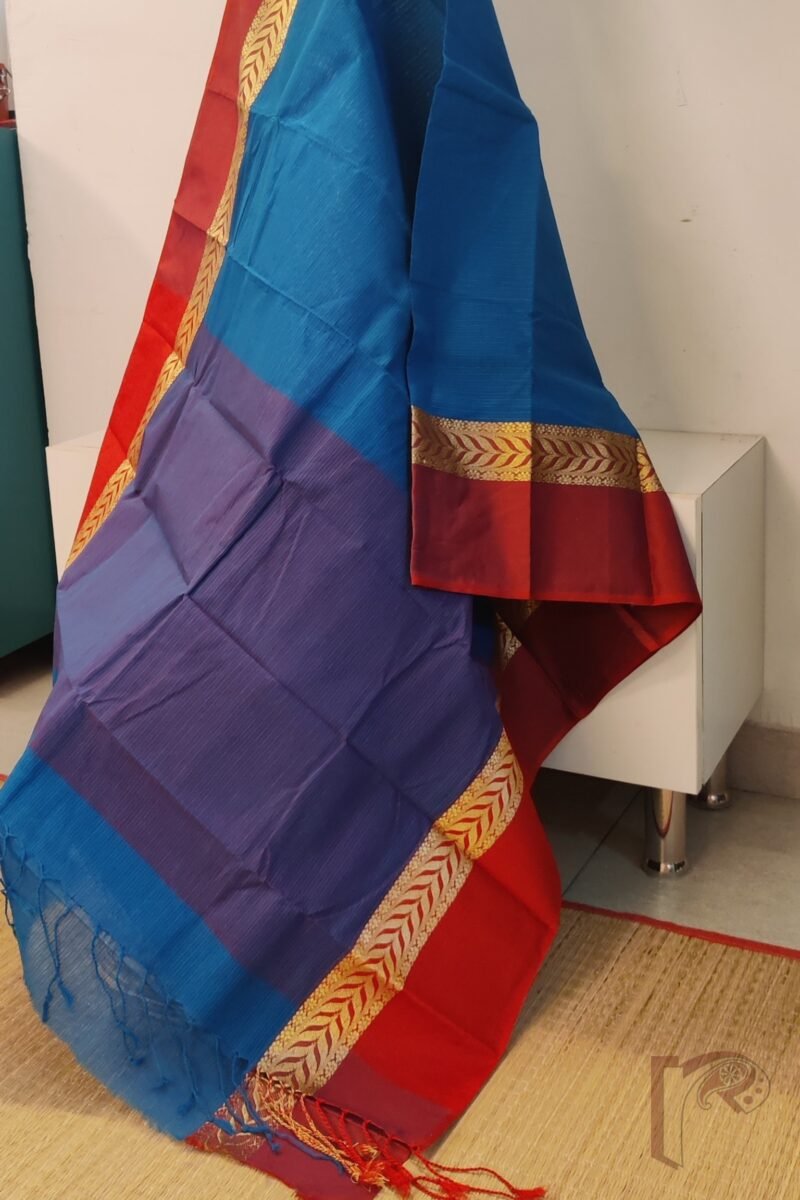 Cotton Chronicles: Cobalt Blue Mercerized Cotton Saree with Dull Red and Gold Broad Border and Shaded Red-Blue Pallu Saree - Image 3