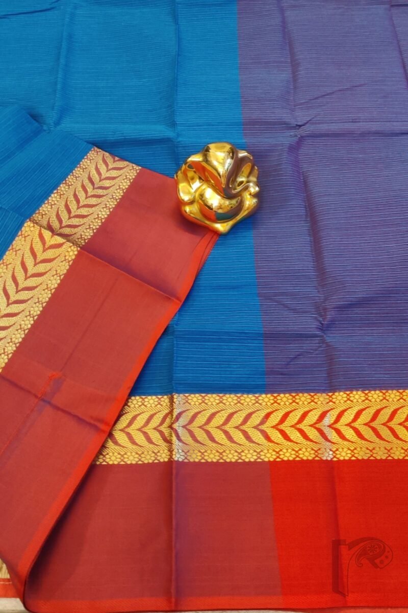 Cotton Chronicles: Cobalt Blue Mercerized Cotton Saree with Dull Red and Gold Broad Border and Shaded Red-Blue Pallu Saree - Image 4