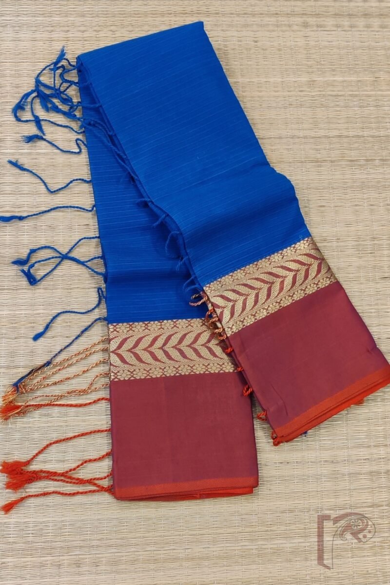 Cotton Chronicles: Cobalt Blue Mercerized Cotton Saree with Dull Red and Gold Broad Border and Shaded Red-Blue Pallu Saree - Image 7