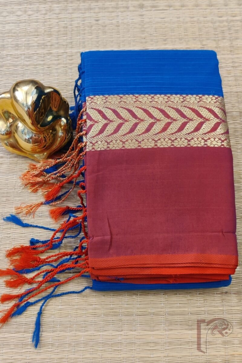 Cotton Chronicles: Cobalt Blue Mercerized Cotton Saree with Dull Red and Gold Broad Border and Shaded Red-Blue Pallu Saree