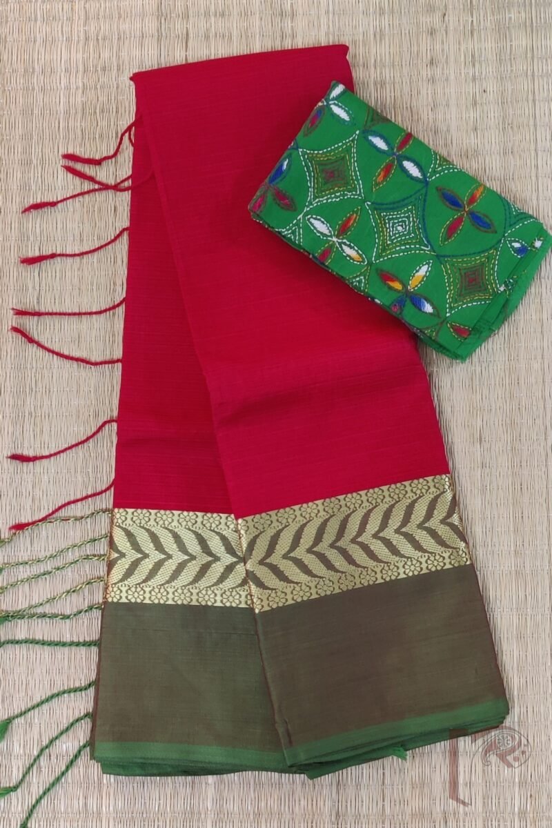 Cotton Chronicles: Tomato Red with Dull Green and Gold Broad Border and Shaded Green-Red Pallu Mercerized Cotton Saree - Image 2