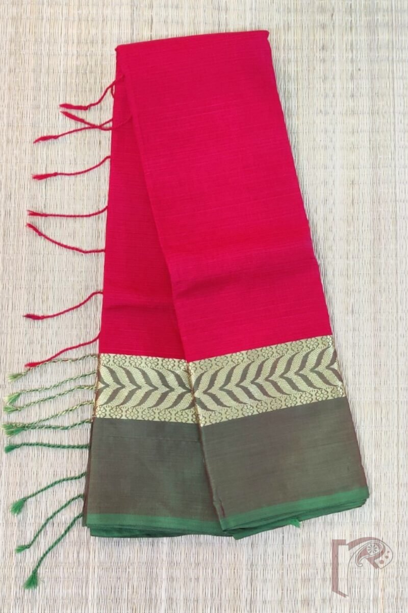 Cotton Chronicles: Tomato Red with Dull Green and Gold Broad Border and Shaded Green-Red Pallu Mercerized Cotton Saree - Image 7