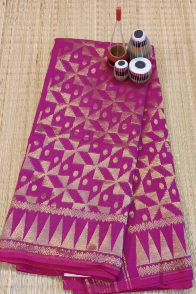 Jamdani Joy – Bright Pink Mulmul Jamdani Saree with Gold Floral Motifs and Temple Border