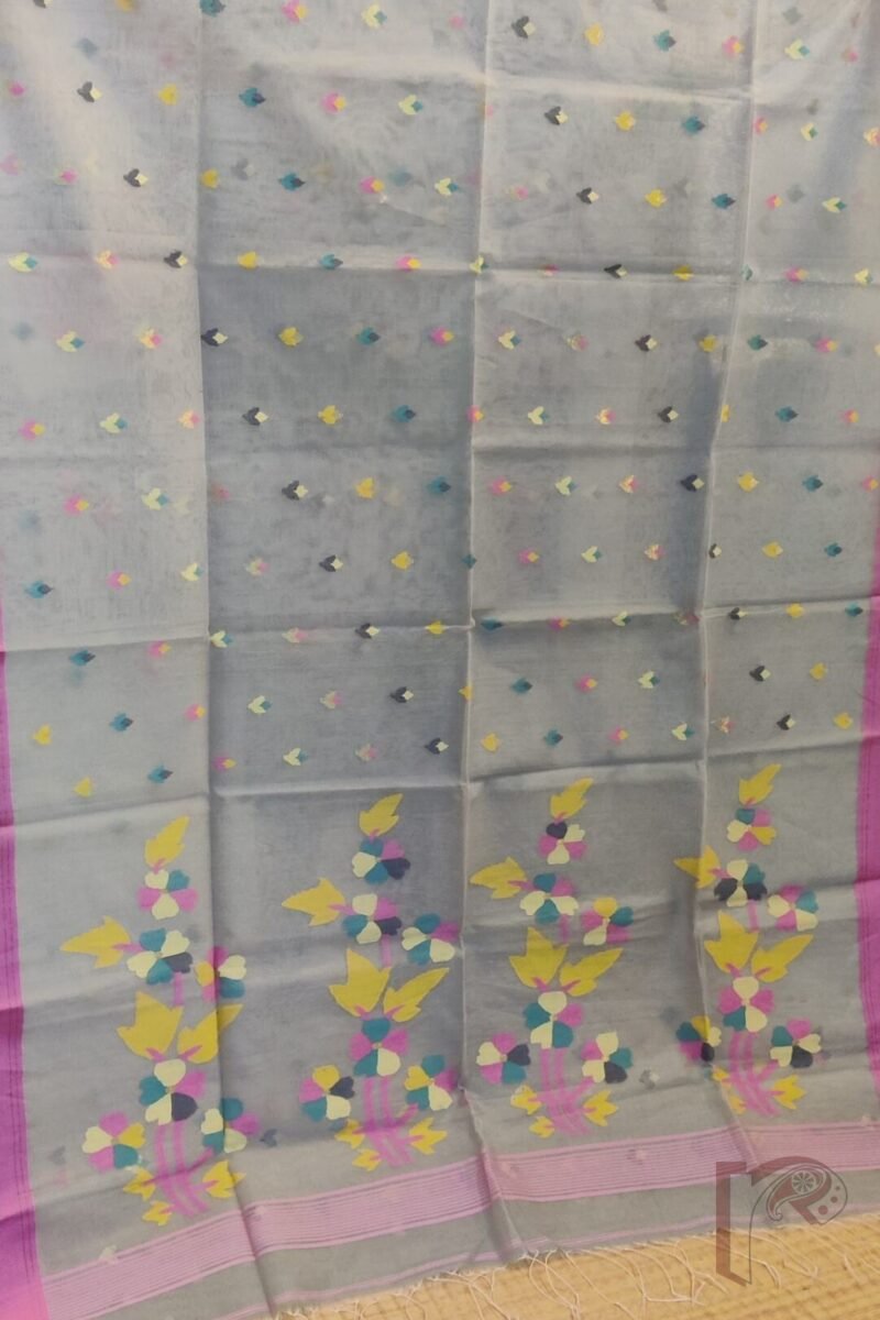 Jamdani Joy – Elegant Grey Muslin Silk Jamdani Saree with Candy Pink Border and Multicolour Floral Motifs - Image 3