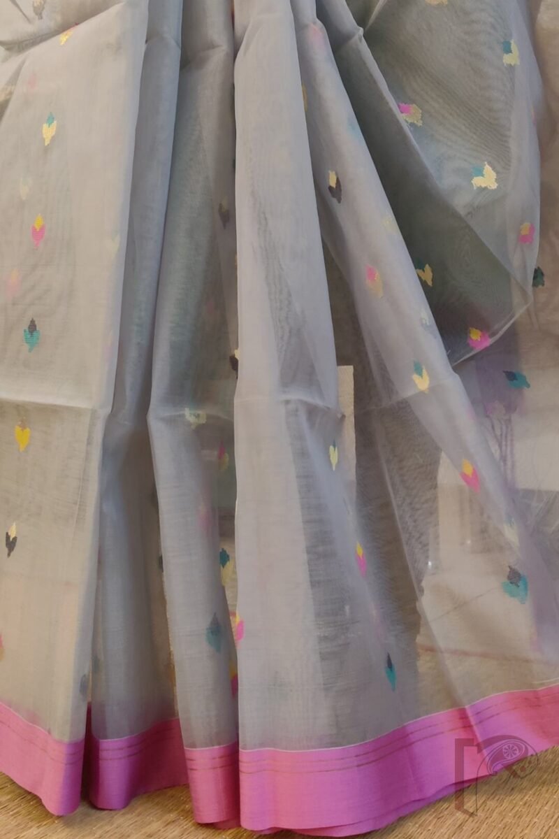 Jamdani Joy – Elegant Grey Muslin Silk Jamdani Saree with Candy Pink Border and Multicolour Floral Motifs - Image 6