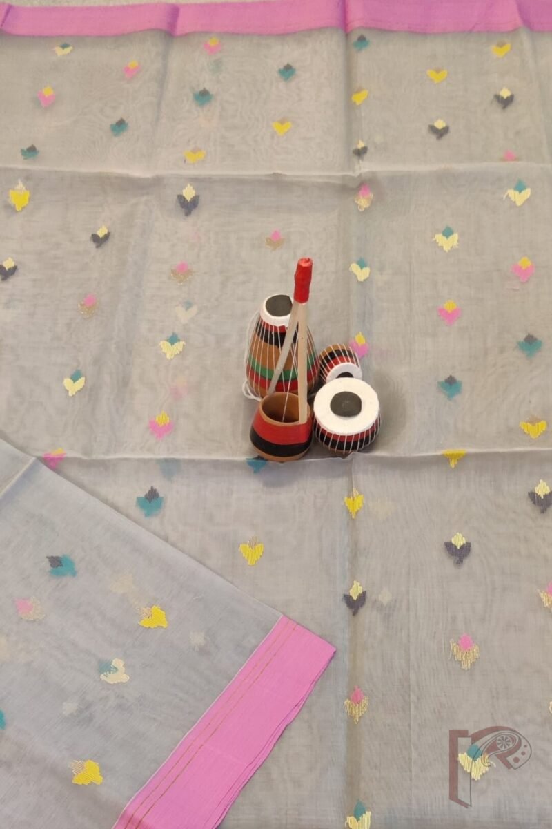 Jamdani Joy – Elegant Grey Muslin Silk Jamdani Saree with Candy Pink Border and Multicolour Floral Motifs - Image 7