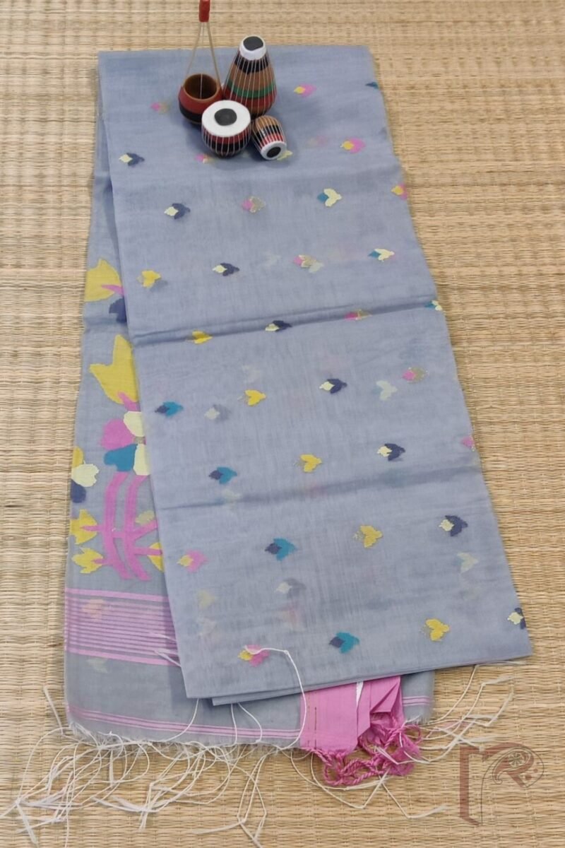 Jamdani Joy – Elegant Grey Muslin Silk Jamdani Saree with Candy Pink Border and Multicolour Floral Motifs