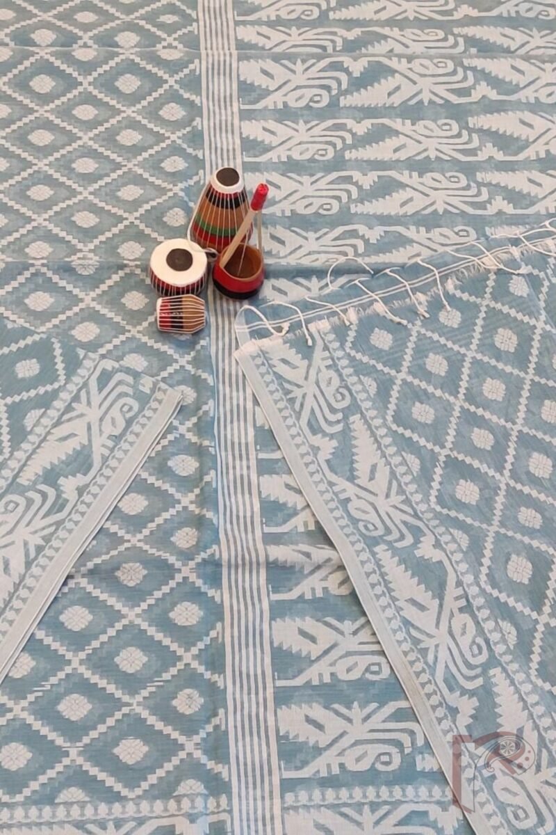 Jamdani Joy – Light Blue All-Over Jaal Jamdani Saree in Mul Cotton Silk with White Thread Weave - Image 8