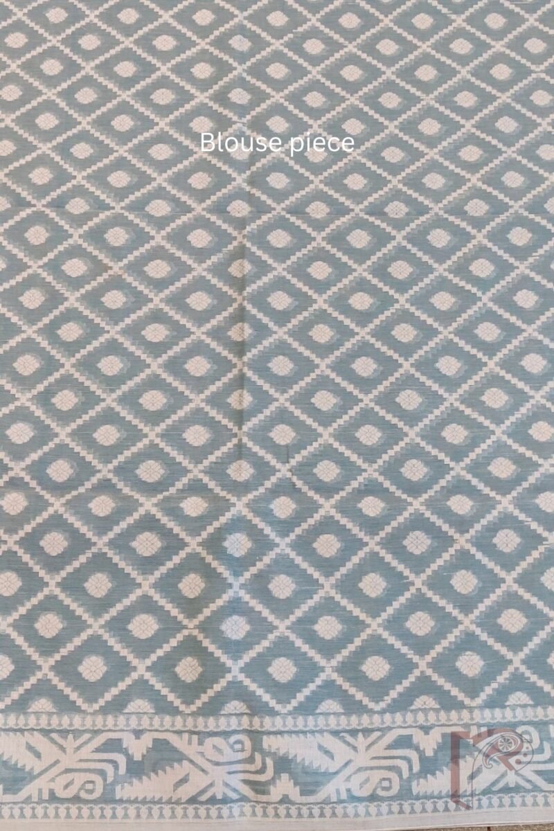 Jamdani Joy – Light Blue All-Over Jaal Jamdani Saree in Mul Cotton Silk with White Thread Weave - Image 9