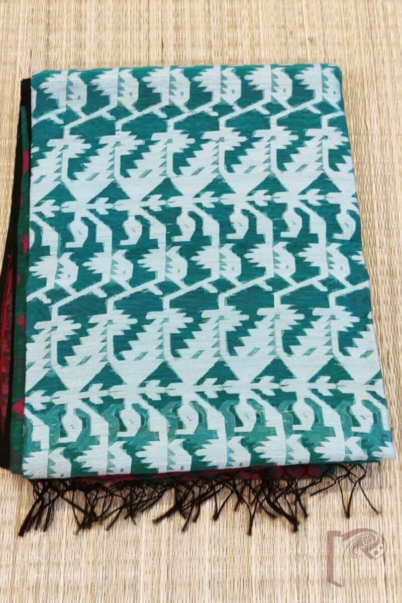 Jamdani Joy – Sea Green All-Over Jamdani Saree in Mul Cotton Silk with Pink and White Thread Work - Image 2