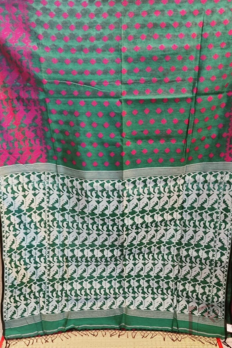 Jamdani Joy – Sea Green All-Over Jamdani Saree in Mul Cotton Silk with Pink and White Thread Work - Image 3