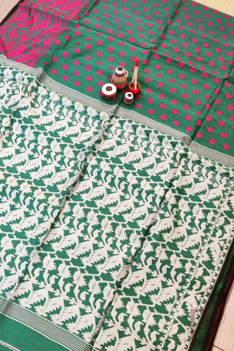 Jamdani Joy – Sea Green All-Over Jamdani Saree in Mul Cotton Silk with Pink and White Thread Work - Image 5