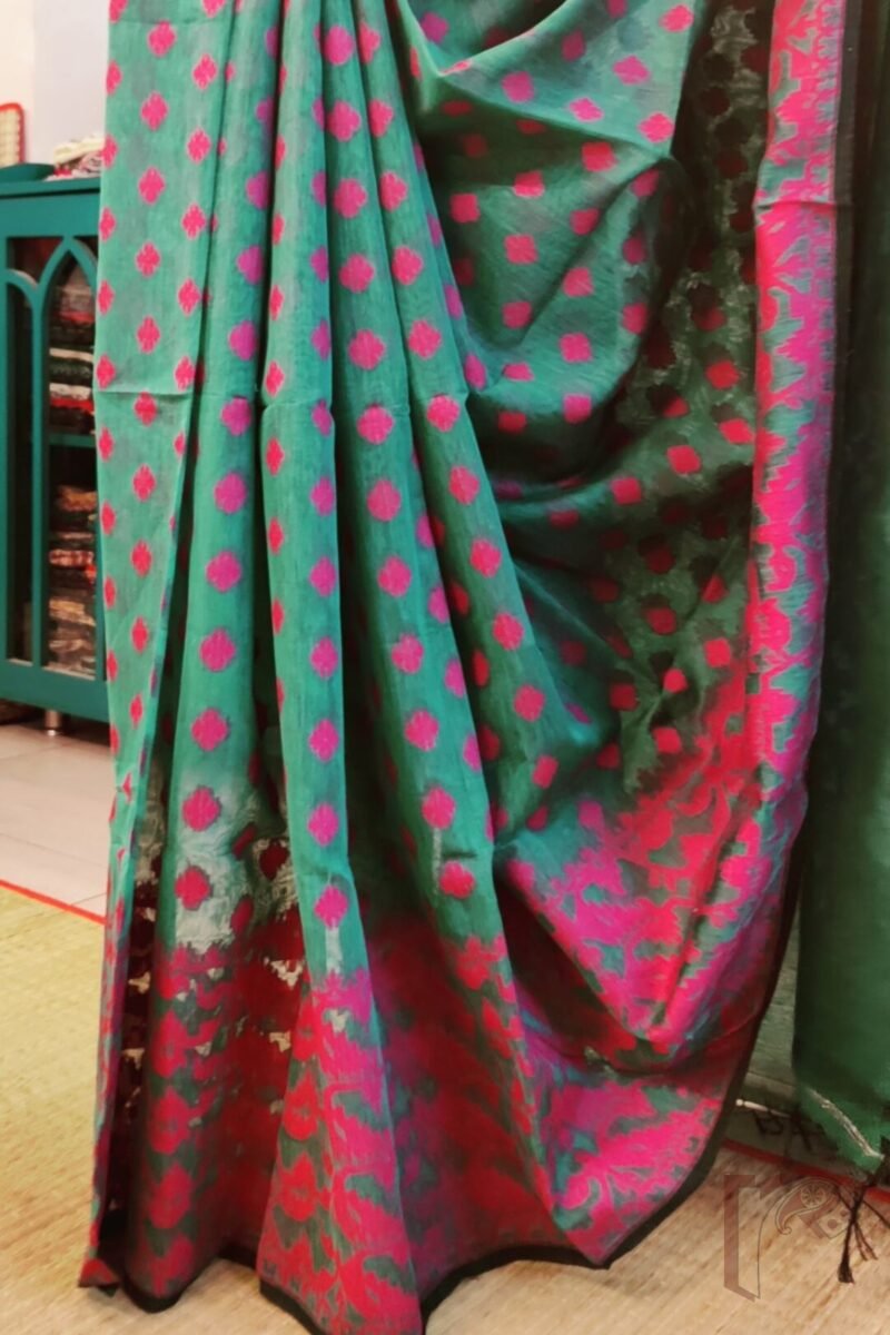 Jamdani Joy – Sea Green All-Over Jamdani Saree in Mul Cotton Silk with Pink and White Thread Work - Image 6